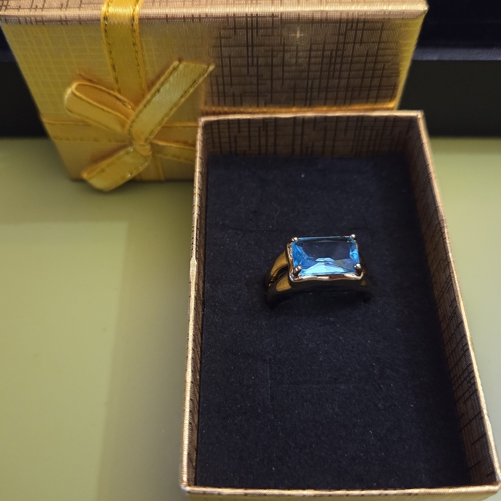 14K Gold Plated Emerald Cut Blue Statement Ring